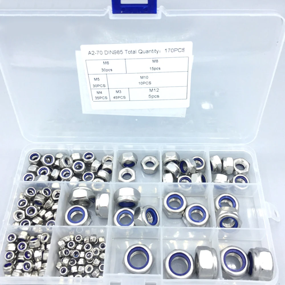 

170PCS M3 M4 M5 M6 M8 M10 M12 304 Stainless Steel Hexagon Nylon Lock Nuts Set Furniture Bolts Kit