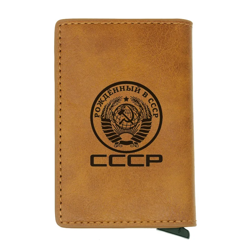 Brown CCCP Rfid держатель для карт мужские кошельки сумка для денег Мужская винтажная советская серповидная молотковая короткая сумочка маленькие кожаные тонкие Кошельки Мини тонкие - Цвет: Brown