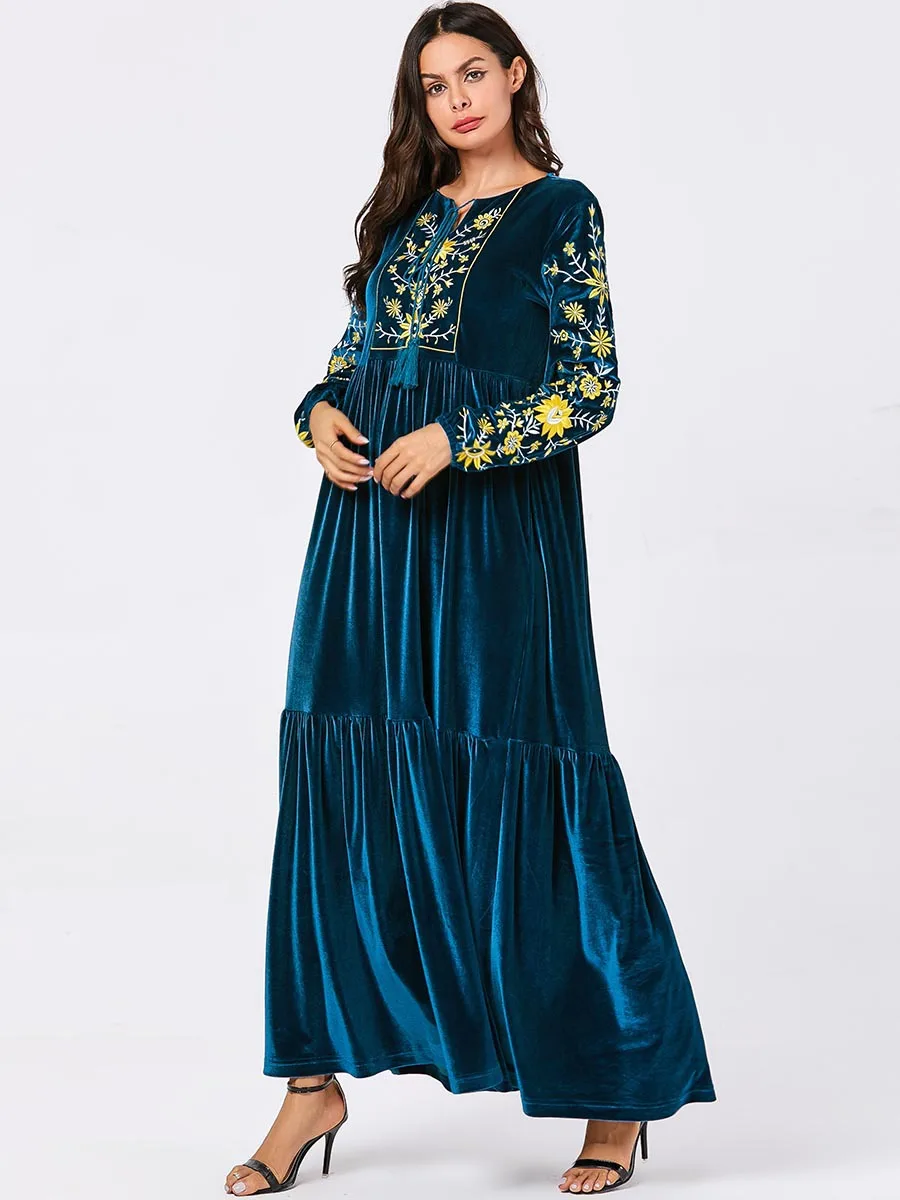 Abaya вельветовые длинные платья женские мусульманские платья Кафтан абайя вышивка Этническая кисточка макси платья осень плюс размер 4XL