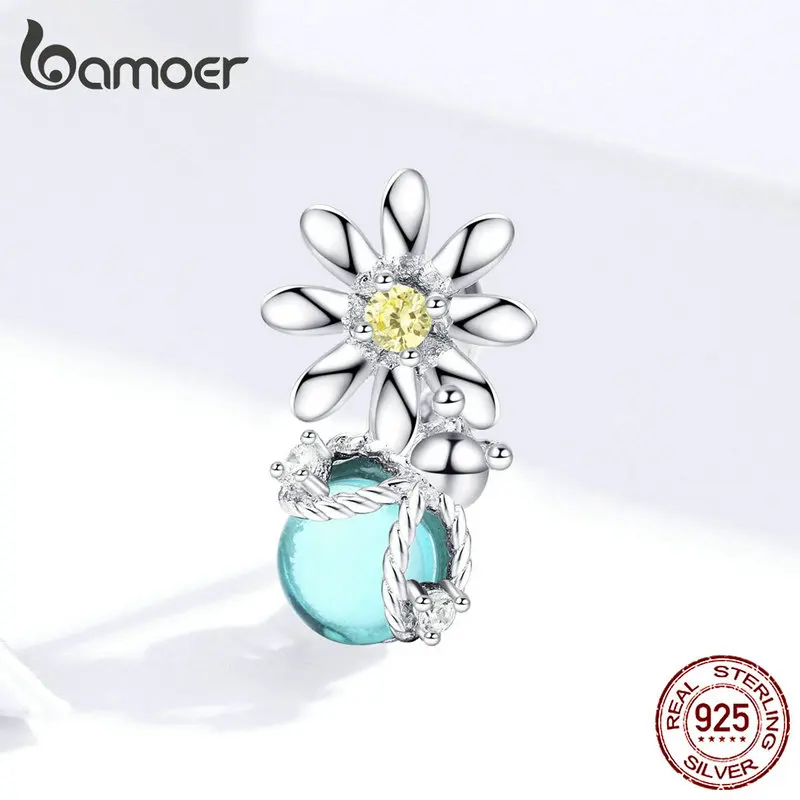 Bamoer серебро 925 Шарм для оригинальных женщин Серебряный браслет со змеей Ромашка и Светлячок дизайн ювелирные изделия из бисера аксессуары SCC1369