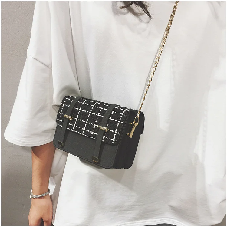 

Korean version of the new high-grade cotton plaid chain small square bag