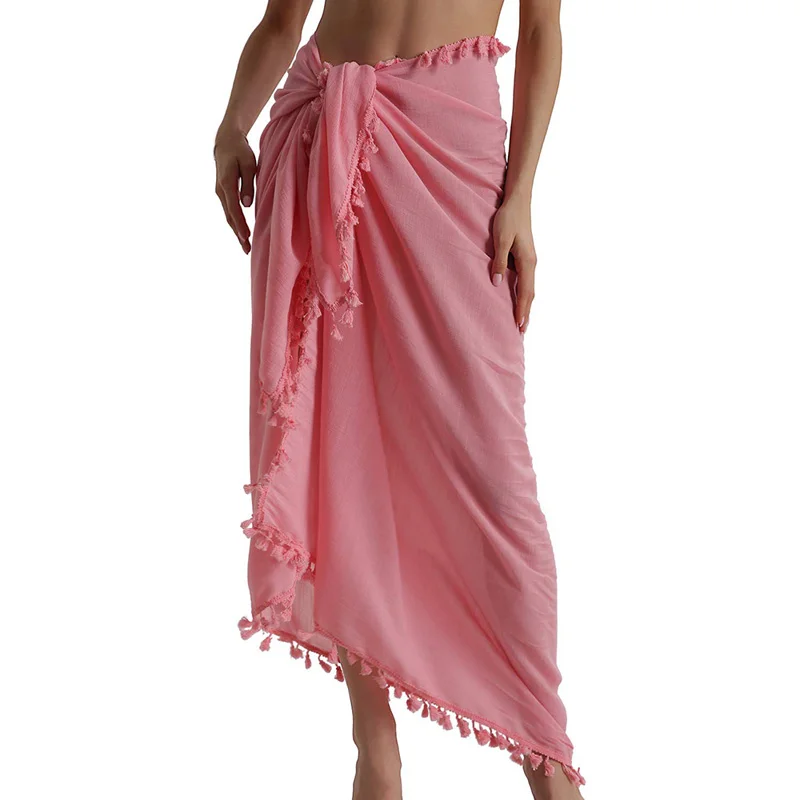 pink long Женские полупрозрачные купальники, накидка, короткая юбка с кисточками, женские льняные хлопчатобумажные купальники, модные женские пляжные шорты, юбка s - Цвет: pink long