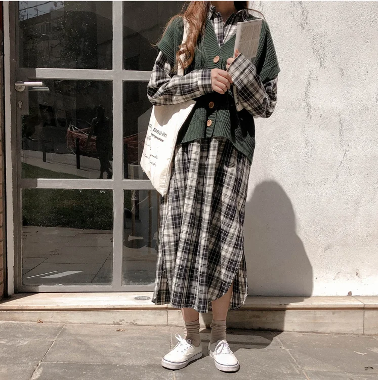 S XL размера плюс новое весеннее платье для девочек Бохо вечерние в клетку женское винтажное платье с принтом с длинным рукавом женские платья длинное платье Vestido