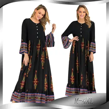 

Women Caftan Kaftan Islamic Clothing Robe Flare Sleeve Musulmanes Black Dubai Abaya Turkish Hijab Muslim Dress Robe Islam Abaya