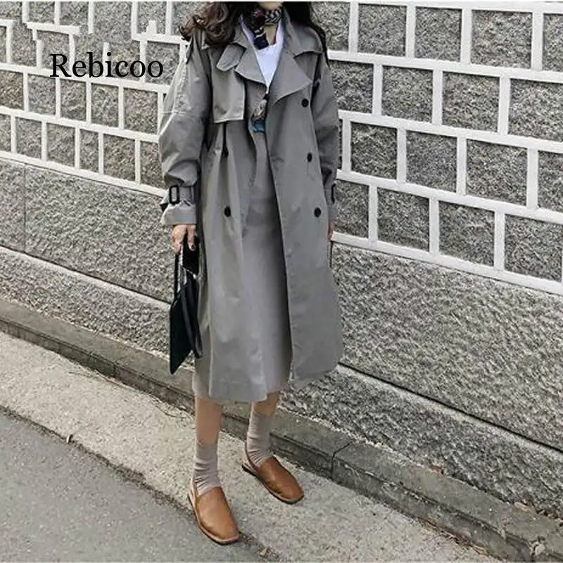 

Russian autumn winter casual loose trench coat with sashes oversize Double Breasted Vintage overcoats windbreaker outwear