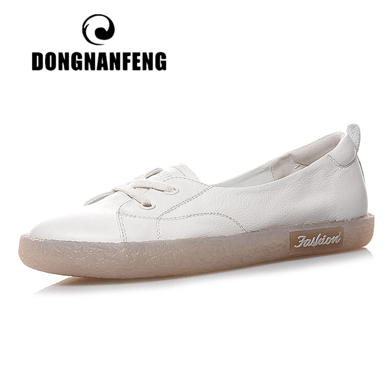 

DONGNANFENG Women's Ladies Female Mother Genuine Leather White Shoes Flats Retro Lace Up Non Slip Korean Size 34-41 JZ-19211