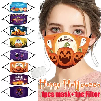 

1pcs Mask Kids Adult Halloween Print Adjustable Washable Reusable Mouth Cover Breathable Face Mask +1pc Filter Mascarillas