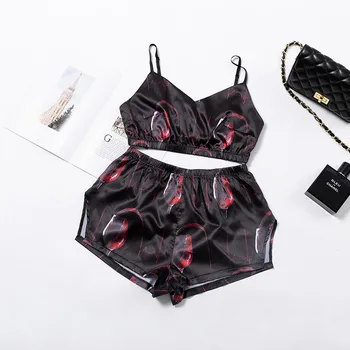 

Sleeveless V-neck Sexy Silk Pajamas Women Printing pattern Girl Gallus Top Sleepwear Pyjamas Nightgown Pajama Set