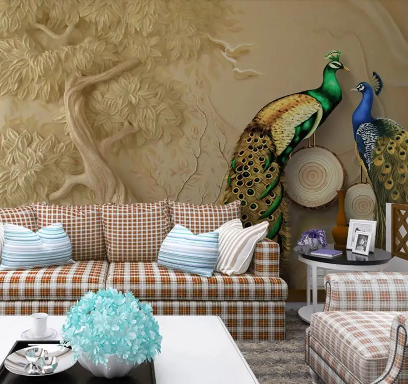 Custom 2020 Modern fashion design papel de parede 3d wallpaper relief tree peacock wall Background painting | Обустройство дома