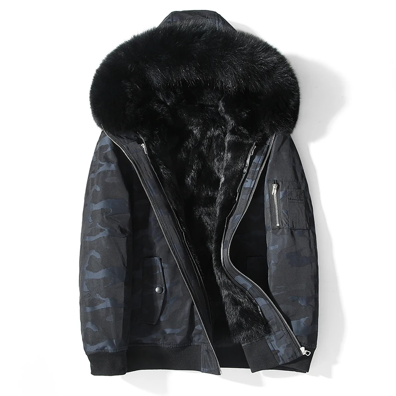 AYUNSUE Зимняя парка, пальто с натуральным мехом, мужская куртка с капюшоном, Воротник из лисьего меха, короткие зимние куртки, подкладка из натурального кроличьего меха, парки 19885 KJ3450 - Цвет: Blue micai-black fur