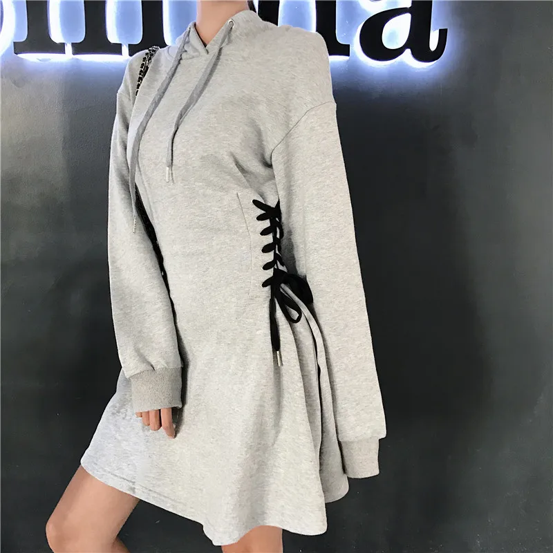 

2022 New Arrival Spring Autumn Hooded Dresses Women Sides Lacing Up Retro Dress Black gray Casual Mini Student Short Dress