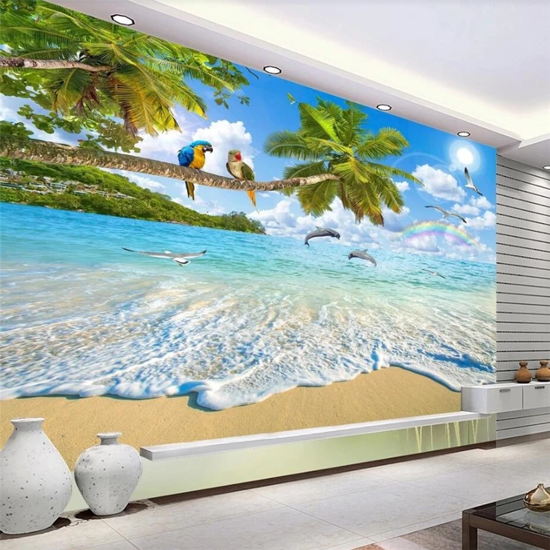 

Drop Shipping Custom Wallpaper Murals Mediterranean Nature Scenery Landscape Coconut Tree Dolphin Bay Sofa Background Wall Paper