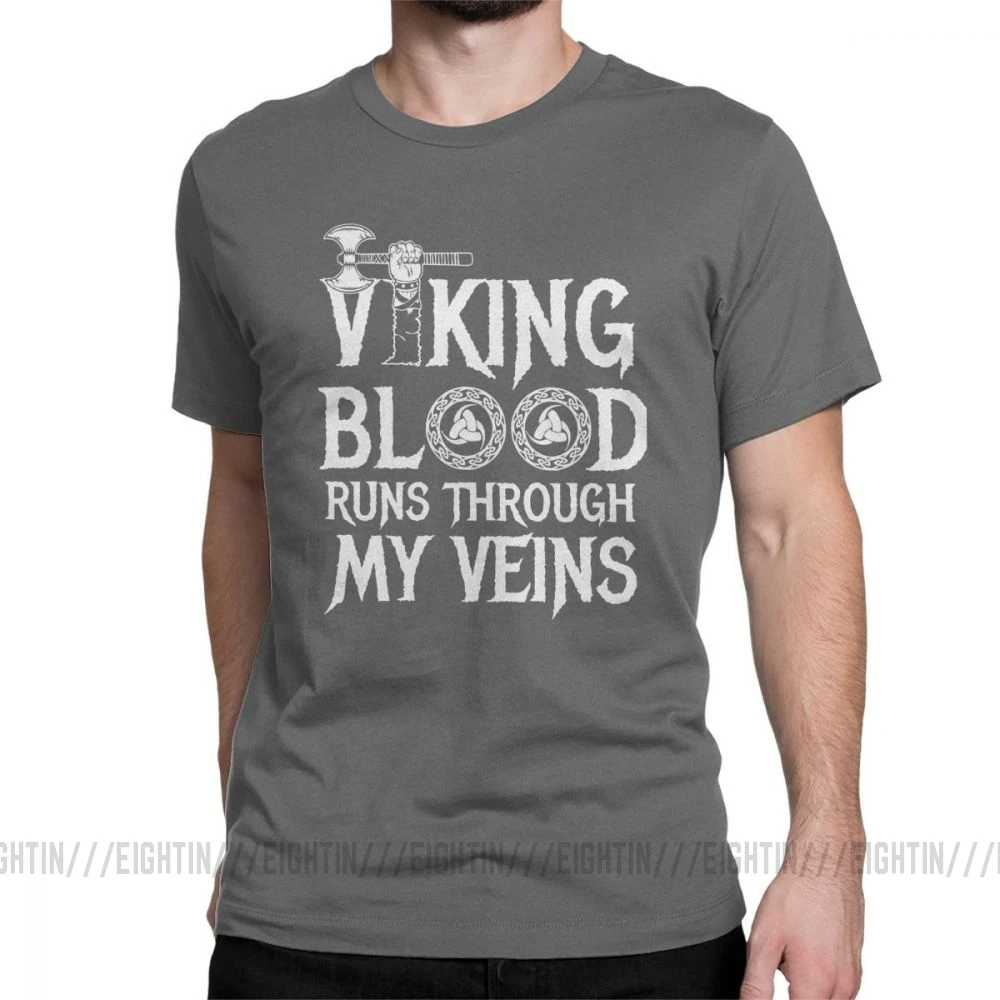 Футболка с викингом Blood Runs In My Viens Valhalla, Мужская Дизайнерская одежда, модные футболки с круглым вырезом из хлопка - Цвет: Темно-серый