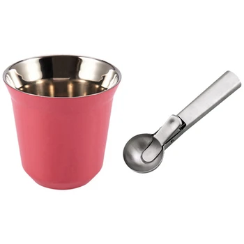 

NEW-Coffee Cup 80Ml Stainless Steel Coffee Cup Set & Stainless Steel Ice Cream Scoop Ice Ball Maker Freeze Yogurt Cookie