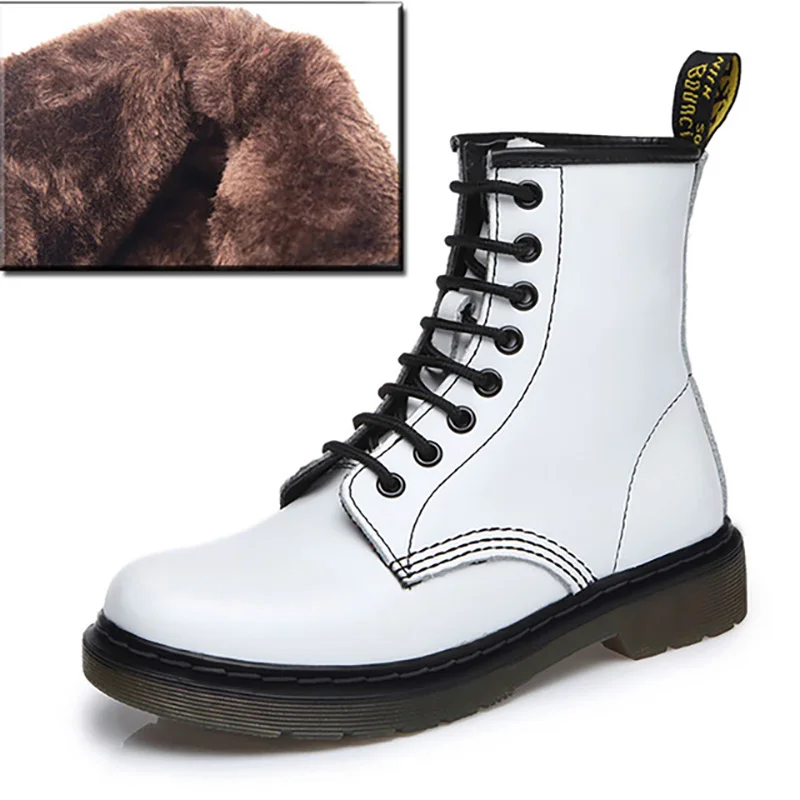 White Fur Женские ботинки martin; ковбойские ботильоны из натуральной кожи; женская зимняя обувь; Женская обувь в стиле панк; белые ботинки размера плюс 42, 43 - Цвет: White Fur