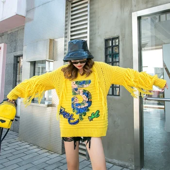 

SexeMara fashion The New tassel Sequin letter Sleeve Loose knitting Sweater free shipping
