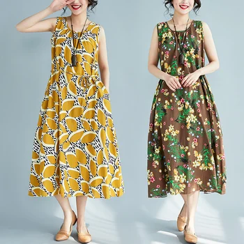 

062# Folk Style Printed Cotton Linen Vest Maternity Maxi Long Dress Summer Clothes for Pregnant Women Sleeveless Tank Pregnancy