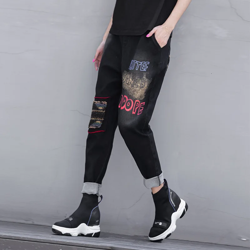 Max LuLu модные корейские женские панковские осенние брюки женские Лоскутные Печатные негабаритные джинсы Винтажные эластичные шаровары