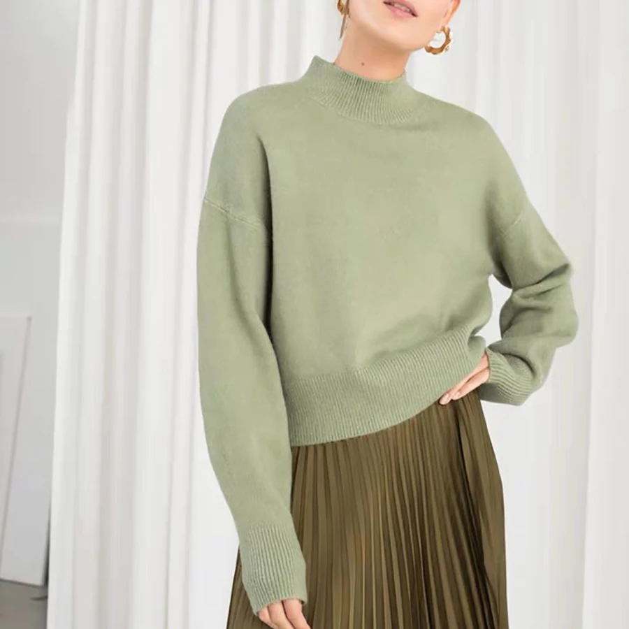 

New Arrive Fashion Solid Green Womens Sweaters 2019 Winter Puff Over Elegant Simple Design Casual Knitting Sweater