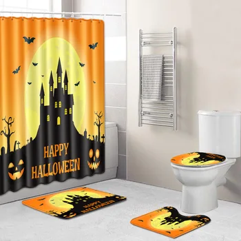 

Halloween Shower Curtain Mat Combination Four-Piece Set Bathroom Toilet Carpet Shower Room Foot Mat Cross-Border Hair