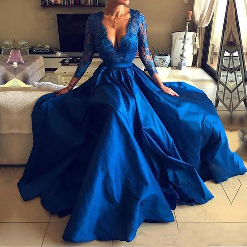 Royal Blue Evening Dresses Mother of the Bride Dresses V-Neck Appliques Lace Long Sleeve A-Line Side Split Satin Party Gowns long sleeve evening gowns Evening Dresses