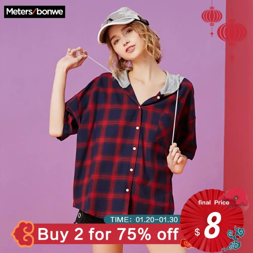  Metersbonwe Women Plaid Blouses 2019 New Fashion Half Sleeves Loose Sweet Girls Student Official Bl