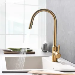 Brushed Gold Kitchen Faucets Hot & Cold Soild Brass Sink Mixer Tap Pull Out Spray Nozzle Rotating Single Handle Deck Mounted