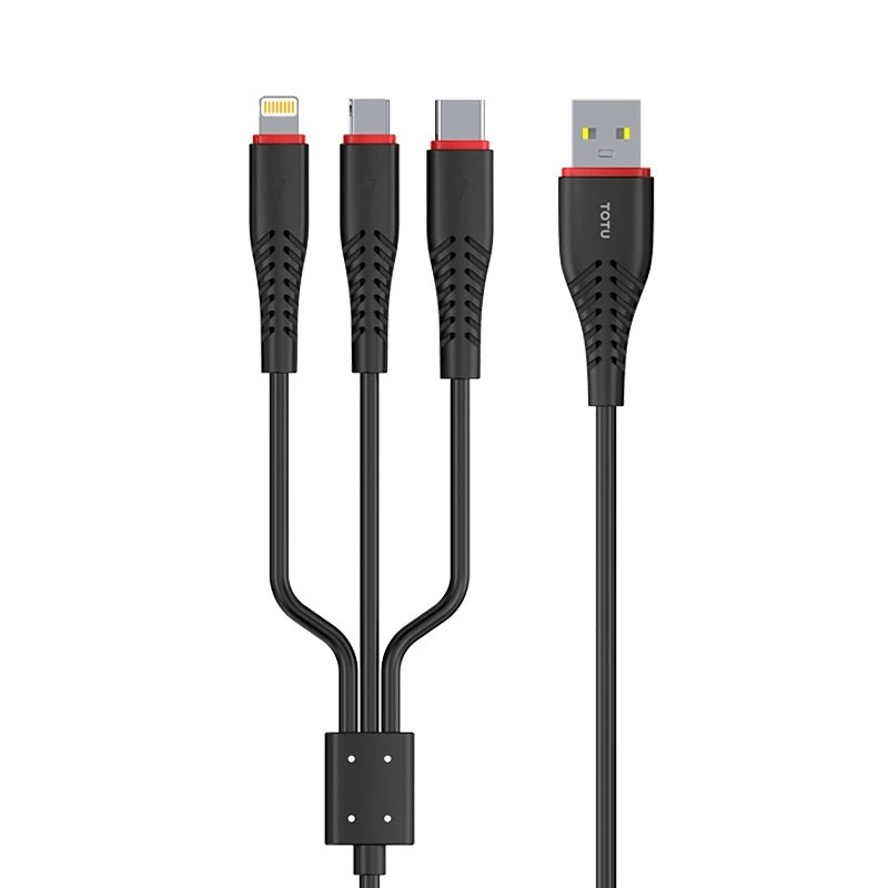 Зарядный кабель TOTU 3 в 1 с разъемом Lightning /Micro USB/Type C для iPhone 11 Pro Max Huawei Xiaomi Redmi Note9S