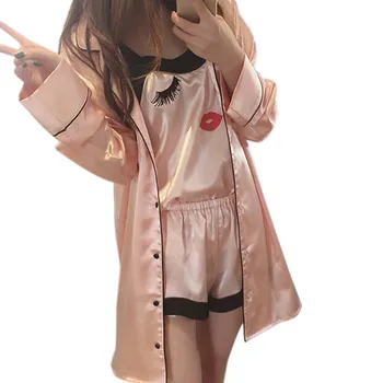 

Women Sling Pajamas Sexy Silk Nightgown Long-sleeved Silk Female Cute Home Suit Pajama Sets 3 Pieces Pink