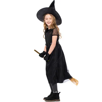 

New Arrival Halloween Party For Girls Carnival Black Costume Witch Dress Children Kids Cosplay Witch Costume With Hat and Belt