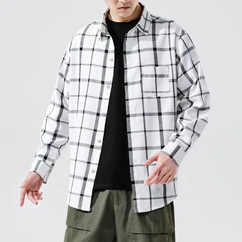 

2020 New Design Plaid Shirt Men Casual Loose Long Sleeve Blusa Masculina Plus Size M-5XL Japanese Streetwear Shirt Men Dress