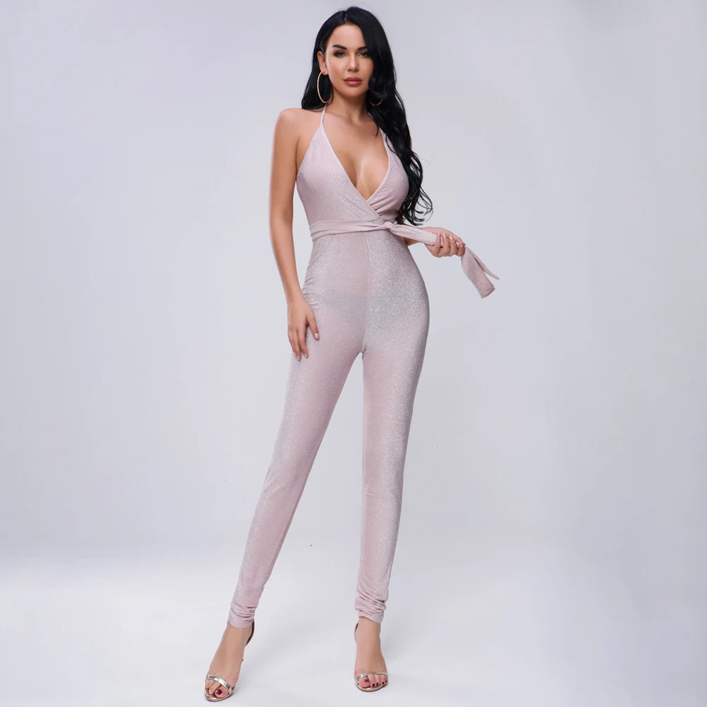 

Tosheiny 2020 Summer Sexy Halter Women Jumpsuit Backless V Neck Backless Long Rompers Belt Bodycon Jumpsuit Playsuits TH9108