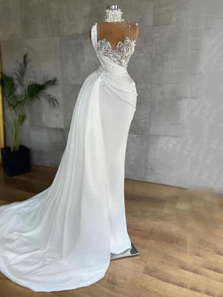 SoDigne Arabic Satin Mermaid Evening Dress 2022 High Neck Sexy Illusion Pearl Lace Evening Prom Gowns Women Party Vestidos