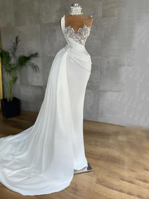 SoDigne Arabic Satin Mermaid Evening Dress 2022 High Neck Sexy Illusion Pearl Lace Evening Prom Gowns Women Party Vestidos Photo color