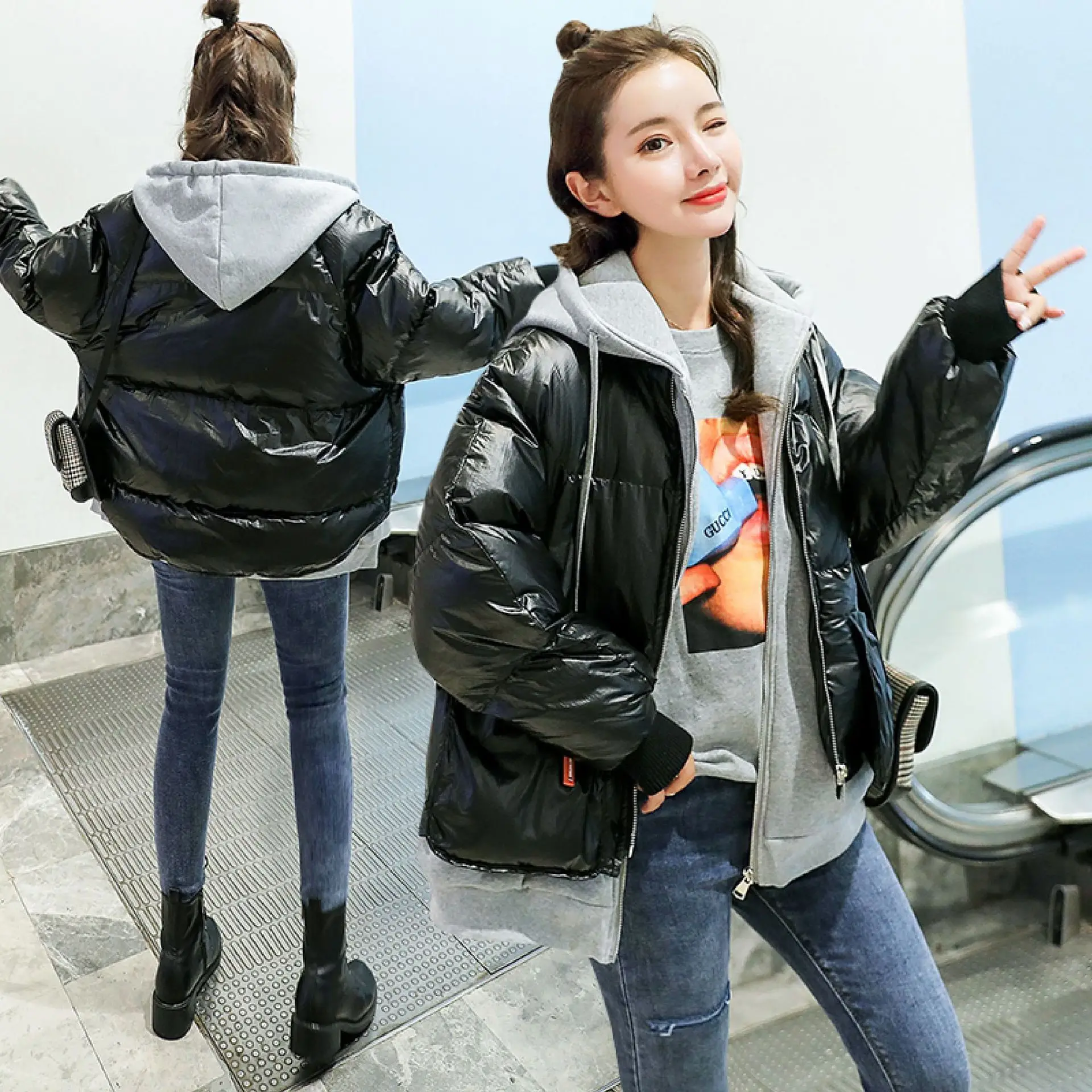 

Photo Shoot Small Video 2019 Winter New Style Hoodie Joint Hooded Thick Cotton-padded Clothes Women's Bright Surface Loose-Fit d