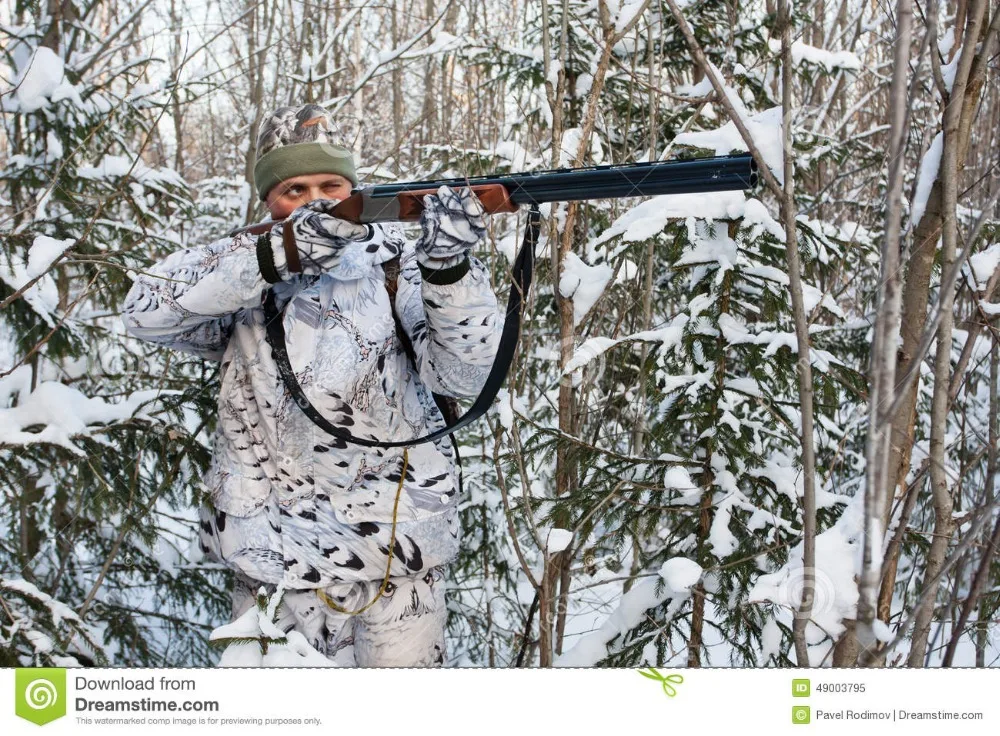 猎人-一杆枪瞄准在多雪的森林里-49003795