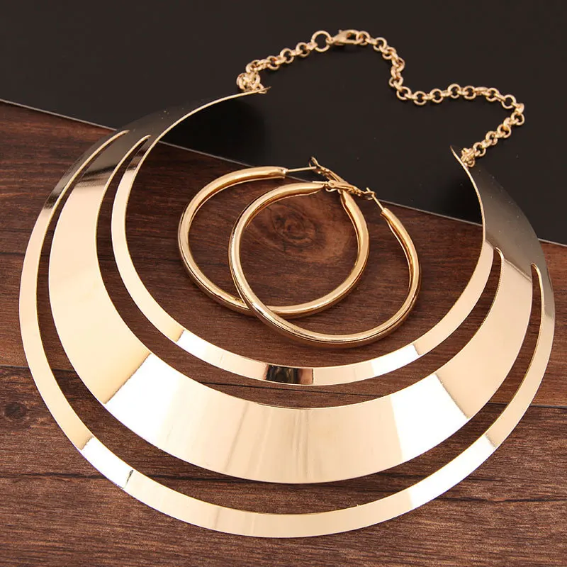 

KMVEXO Trendy Gold Metal Torques Necklace Round Earrings Sets Women Party Statement Jewelry Dress Accessories Bijoux Female Gift