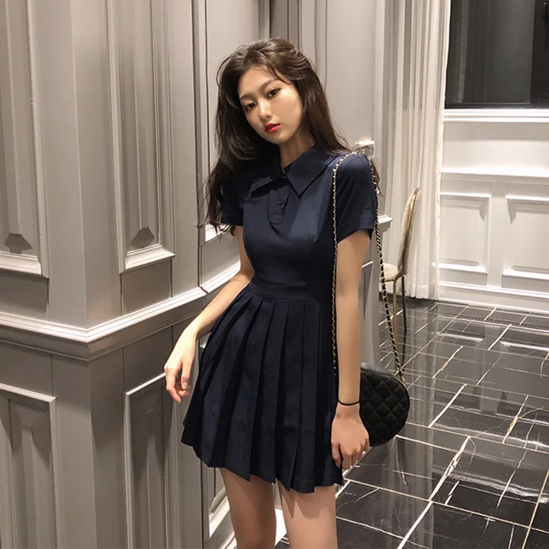 

Summer 2019 New Korean Tennis Shirt Short Sleeve Dress Fashionable Short With High Waist And Slim Pleats
