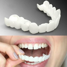 Silicone superior/inferior dentes falsos folheados dentaduras falso dente superior & inferior snap em dentes sorridentes branqueamento dentes dentadura