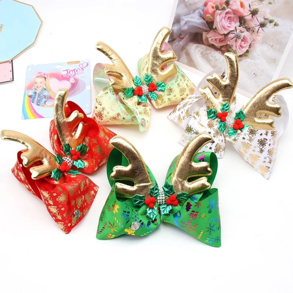 

7'' Christmas JO JO Bows Large Hair Bow Printed Gold Antlers Hair Clips For Girls Xmas Gift New Year Party Kids Hair Accessories