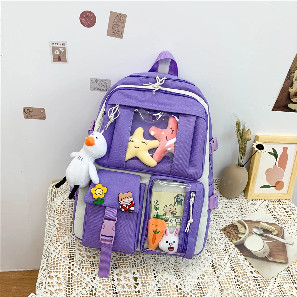 4 Piece Set of High Quality Solid Color Women's Backpack Transparent Waterproof Nylon School Bag for School Teenagers Girls Sac