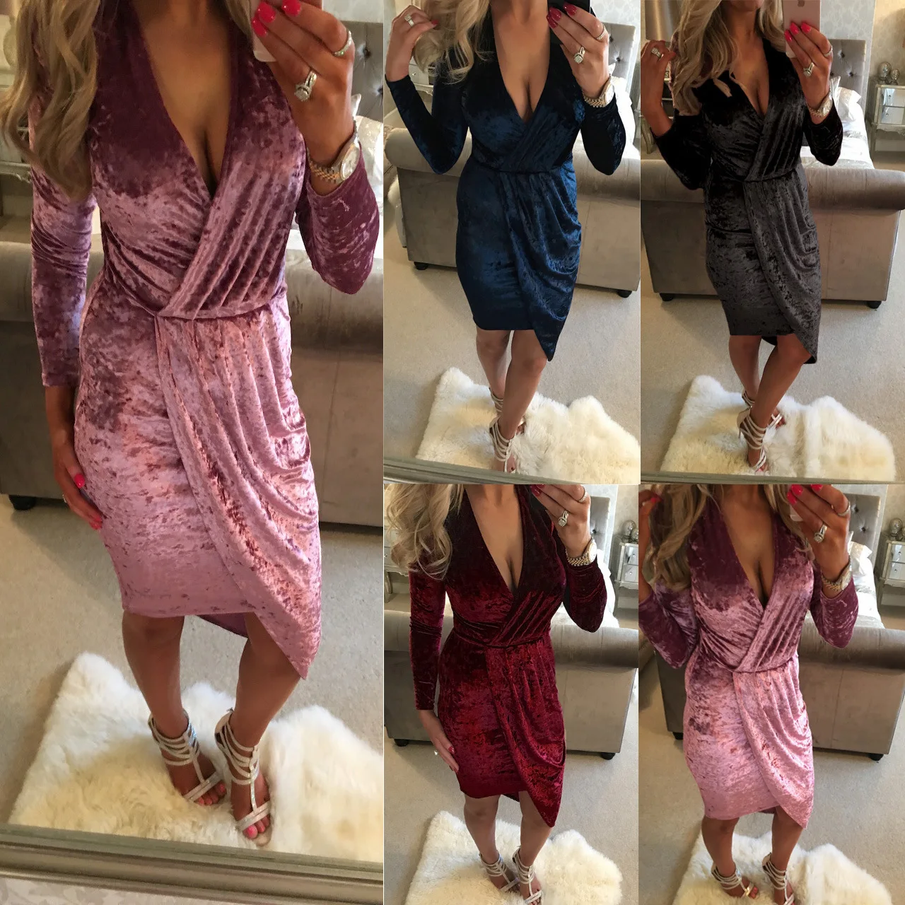 

Popular Spring and Autumn Slim-Fit Sexy V-neck Irregular Dress