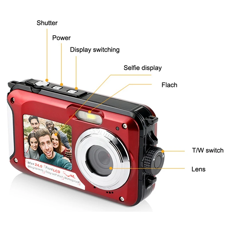  Dual-Screen Digital Waterproof Camera/Camcorder 1080P 2400W Pixel 16X Digital Zoom Hd Self-Timer Fa