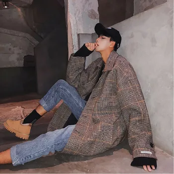 

Winter New Woolen Coat Men Fashion Retro Casual Lattice Long Jacket Man Streetwear Wild Loose Windbreaker Male Clothes M-2XL