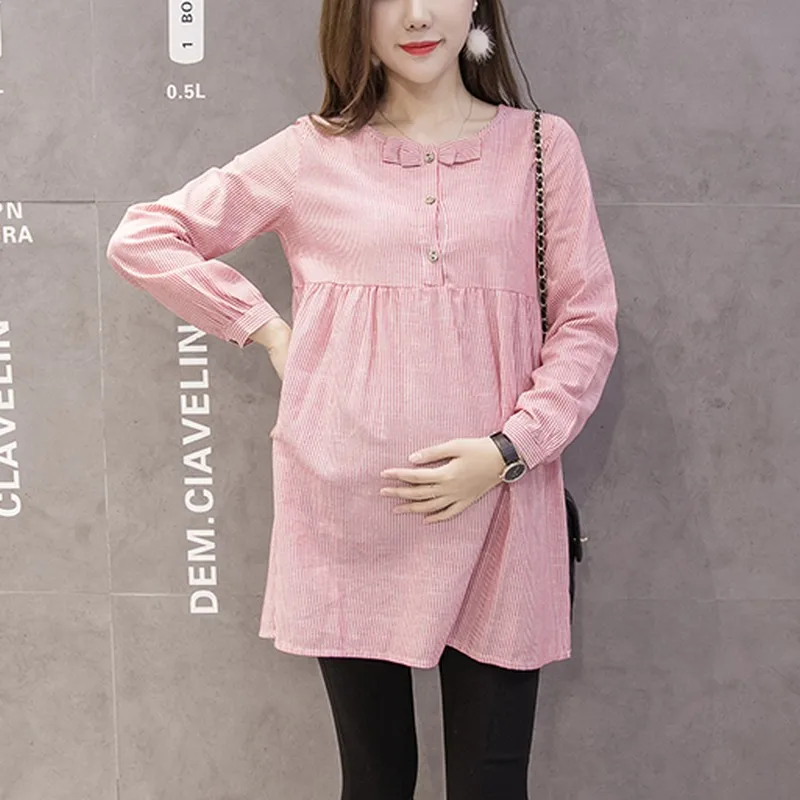 Shirts Pregnant Women Bow Spring Loose Pregnancy Top Blouses Fashion Striped Maternity Clothes Casual Shirtdress