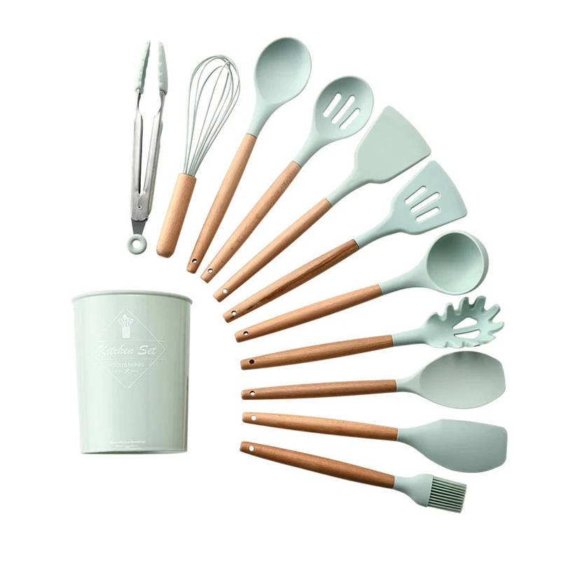 green 12PCS CTHome силиконовая кухонная утварь деревянная ручка антипригарная лопатка ложка Тернер суп половник венчик кухонные инструменты для приготовления пищи гаджет - Цвет: green 12PCS