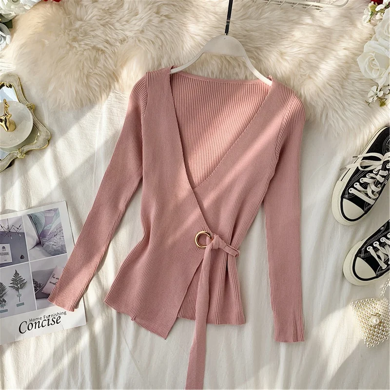 Women Fashion Knitted Sexy Low-cut V-neck Ladies High Quality Elastic Slim Tunic Elegant Pullover Sweaters Suits Underwear | Женская