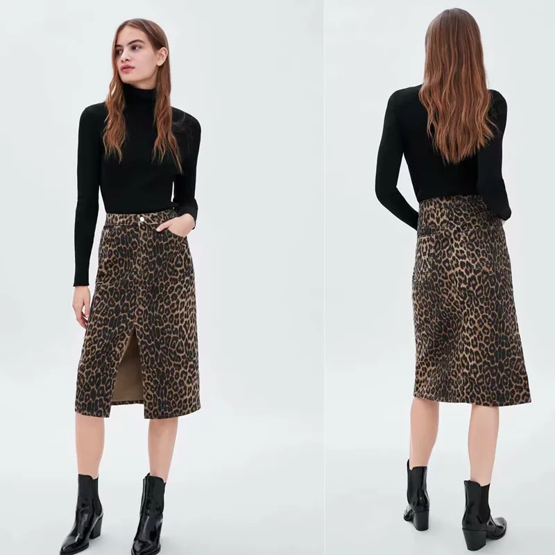 

Western Style Retro High-waisted Slit Skirt Wind Leopord Pattern Slim Fit Slimming Skirt Autumn And Winter Medium-length Skirt