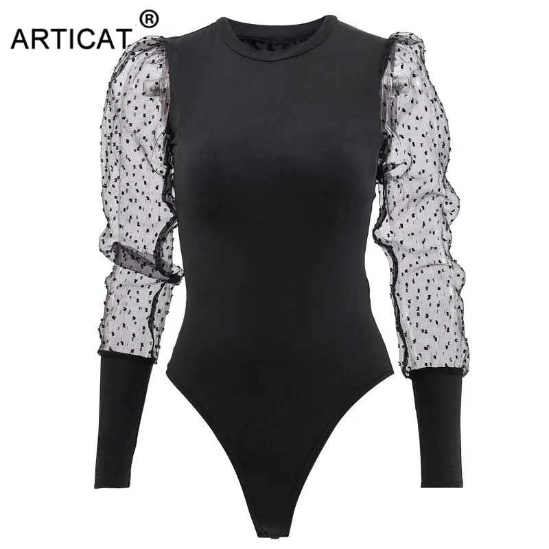 Articat Puff Sleeve Lace Bodysuit Women Tops Autumn Long Sleeve Bodycon Rompers Womens Jumpsuit Skinny Basic Slim Sexy Bodysuits