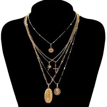 

Flatfoosie Multilayer Carved Coin Portrait Pendant Necklace for Women Gold Color Cross Necklace Fashion Punk Jewelry Gift